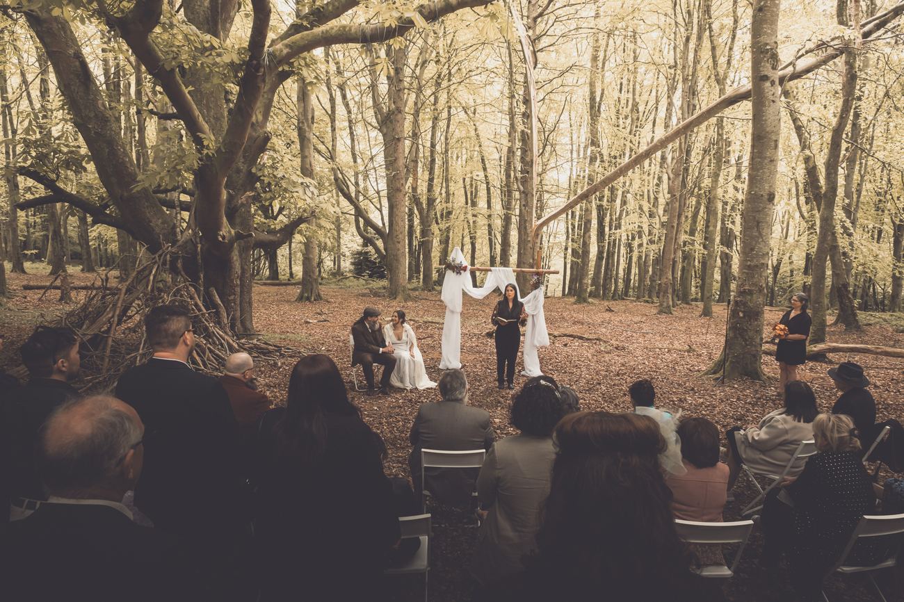 Woodland wedding ceremony, wide view