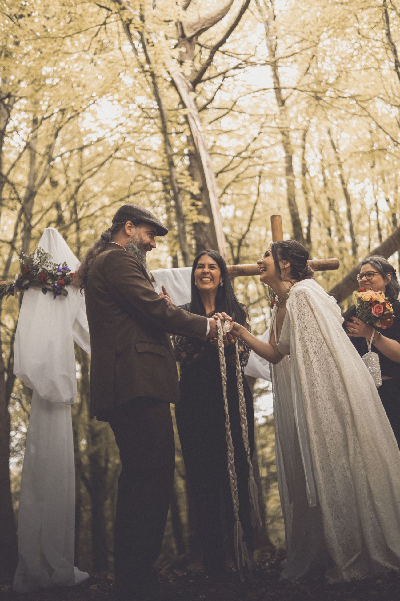 Handfasting joy moment, forest setting